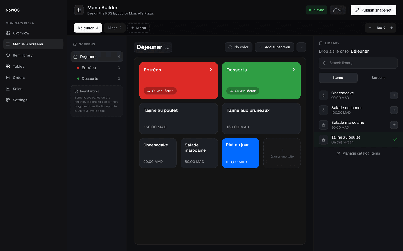 Gestion du menu et des disponibilités dans NowOS